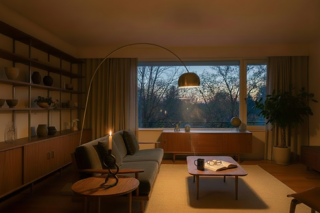 A moody amber-lit mid-century modern living room at dusk with an arc floor lamp, wrought iron candlestick, and open book with reading glasses on the coffee table