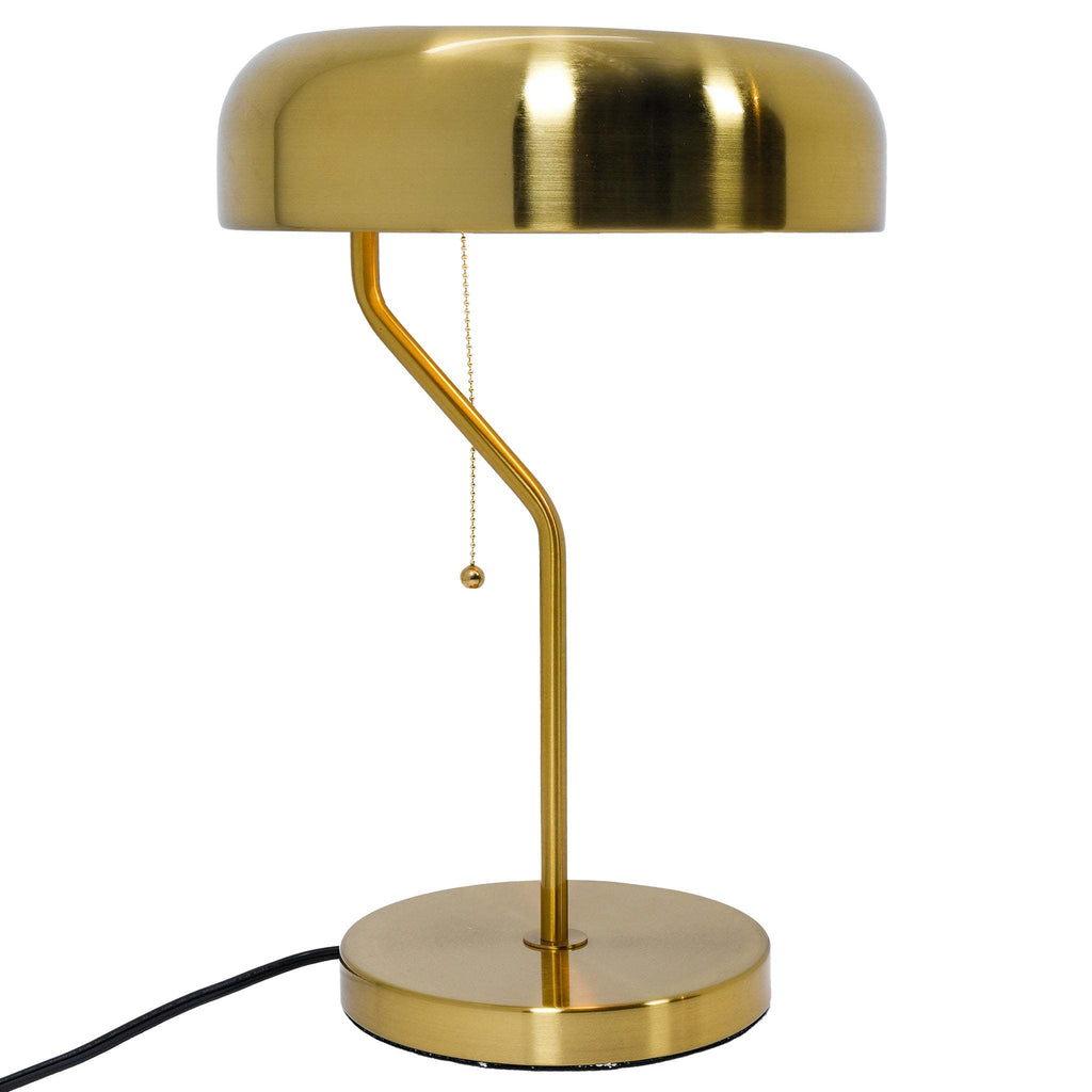 Hollis gold table lamp with a curved stem, drum shade, and pull-chain switch on a white background.