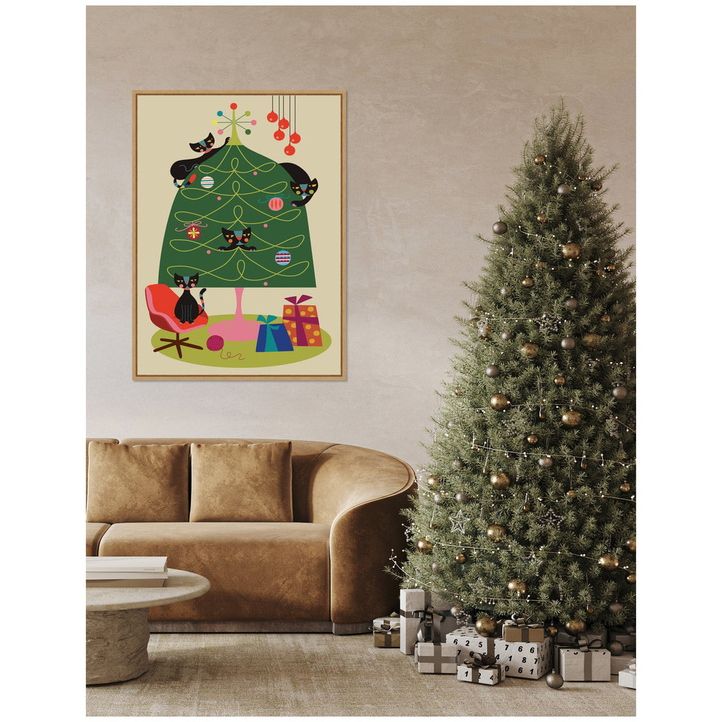 “Retro Cats and Christmas Tree” Framed Canvas by Rachel Lee