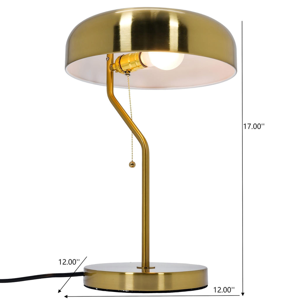 Hollis gold table lamp with a curved stem, drum shade, and pull-chain switch on a white background.