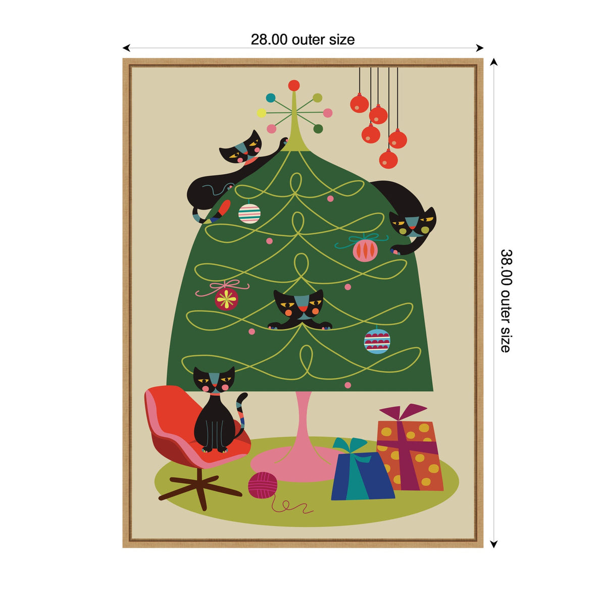 “Retro Cats and Christmas Tree” Framed Canvas by Rachel Lee