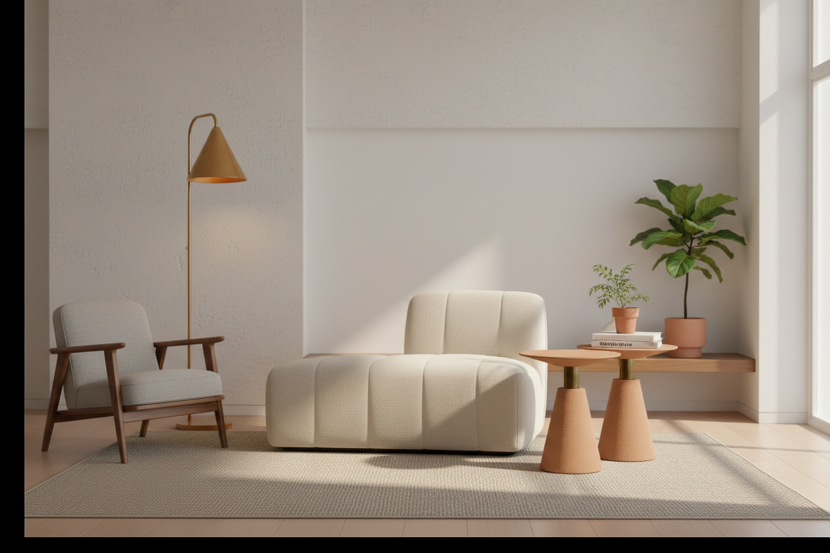Sculptural microcement side tables in a mid-century modern living room