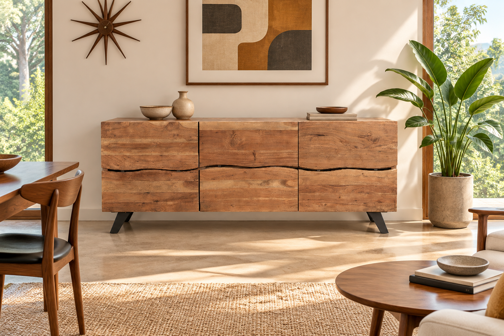 Acacia live-edge sideboard in a Mid-Century Modern room
