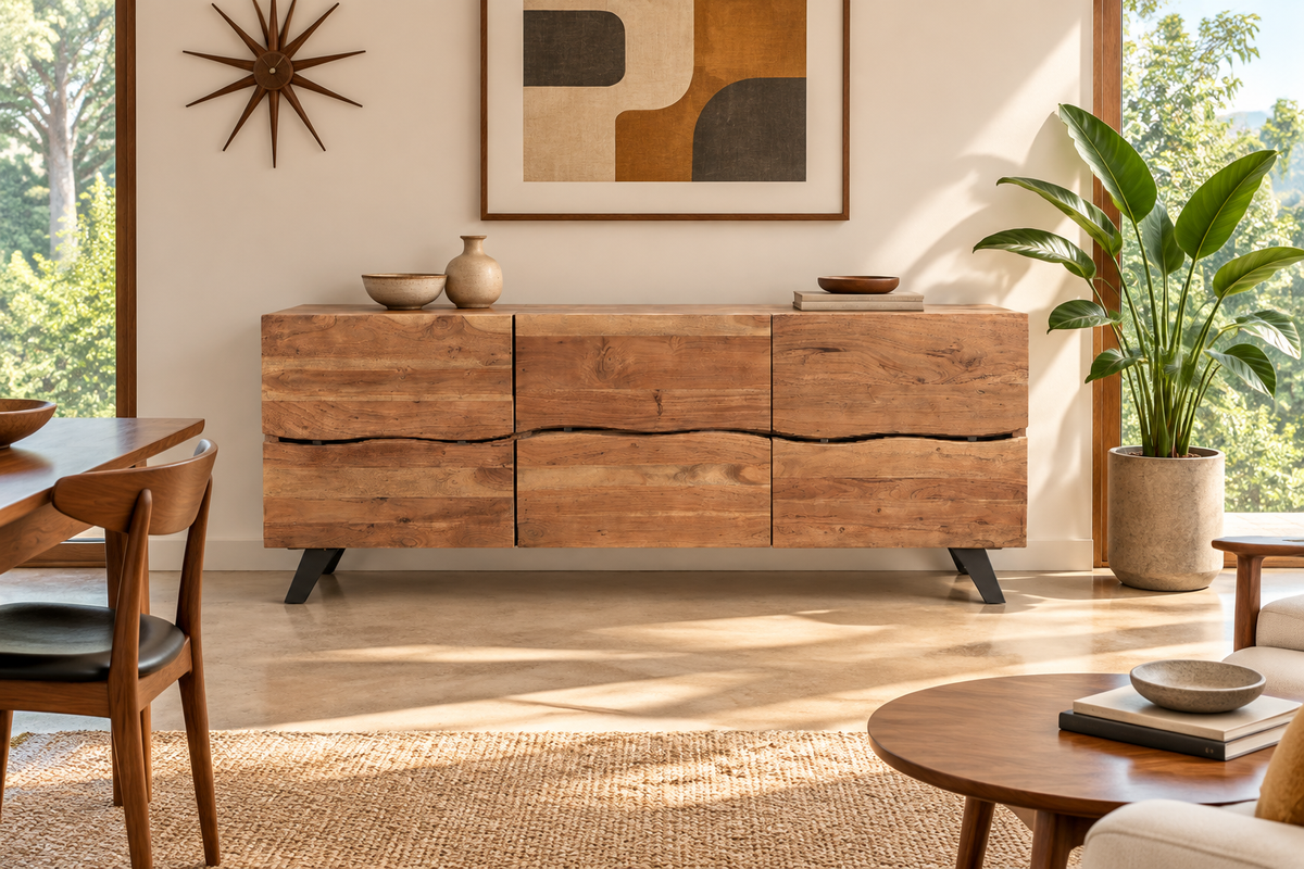Acacia live-edge sideboard in a Mid-Century Modern room