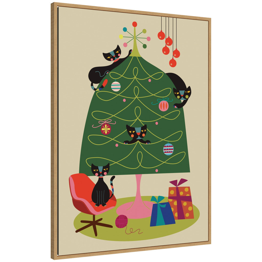 “Retro Cats and Christmas Tree” Framed Canvas by Rachel Lee