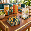 Atomic Cat Coasters on a Mid-Century Modern drinks cart with soda cans and iced glasses