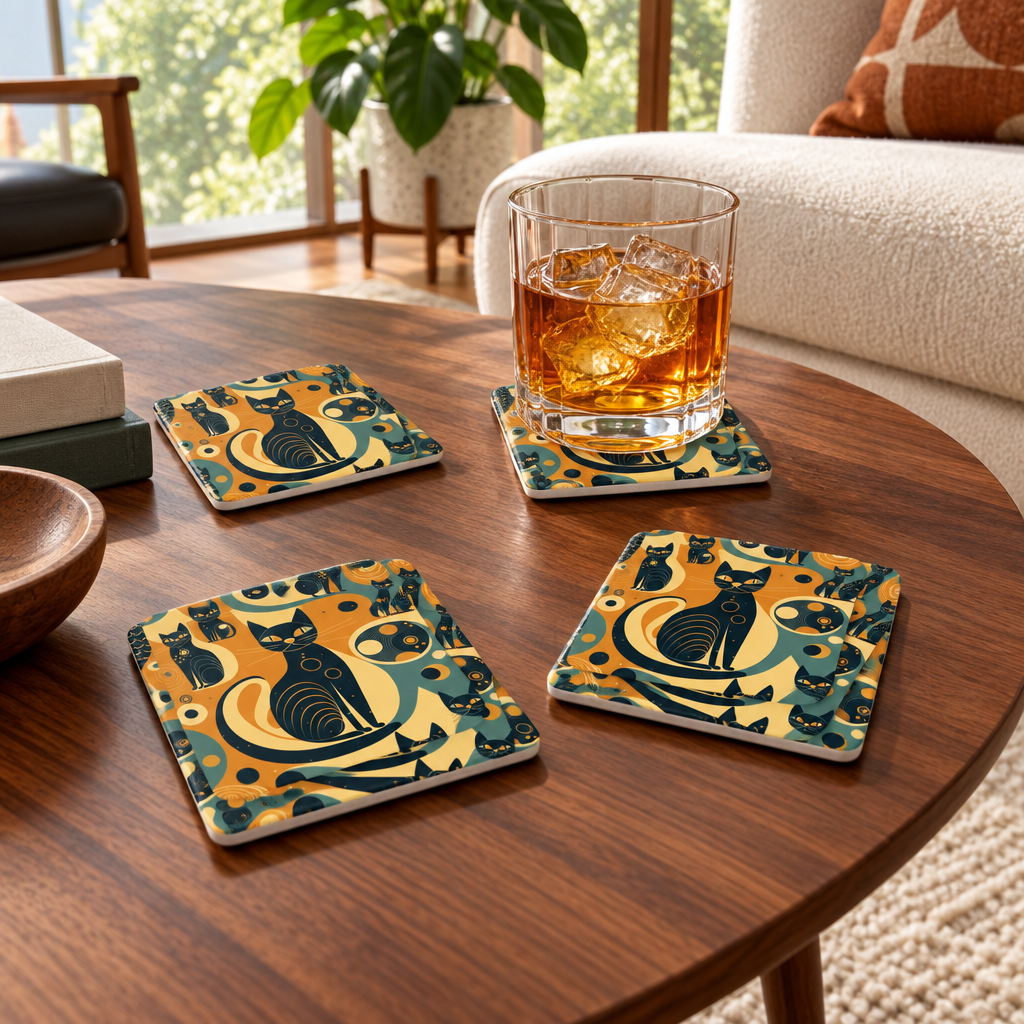 Atomic Cat Coasters on a Mid-Century Modern walnut coffee table