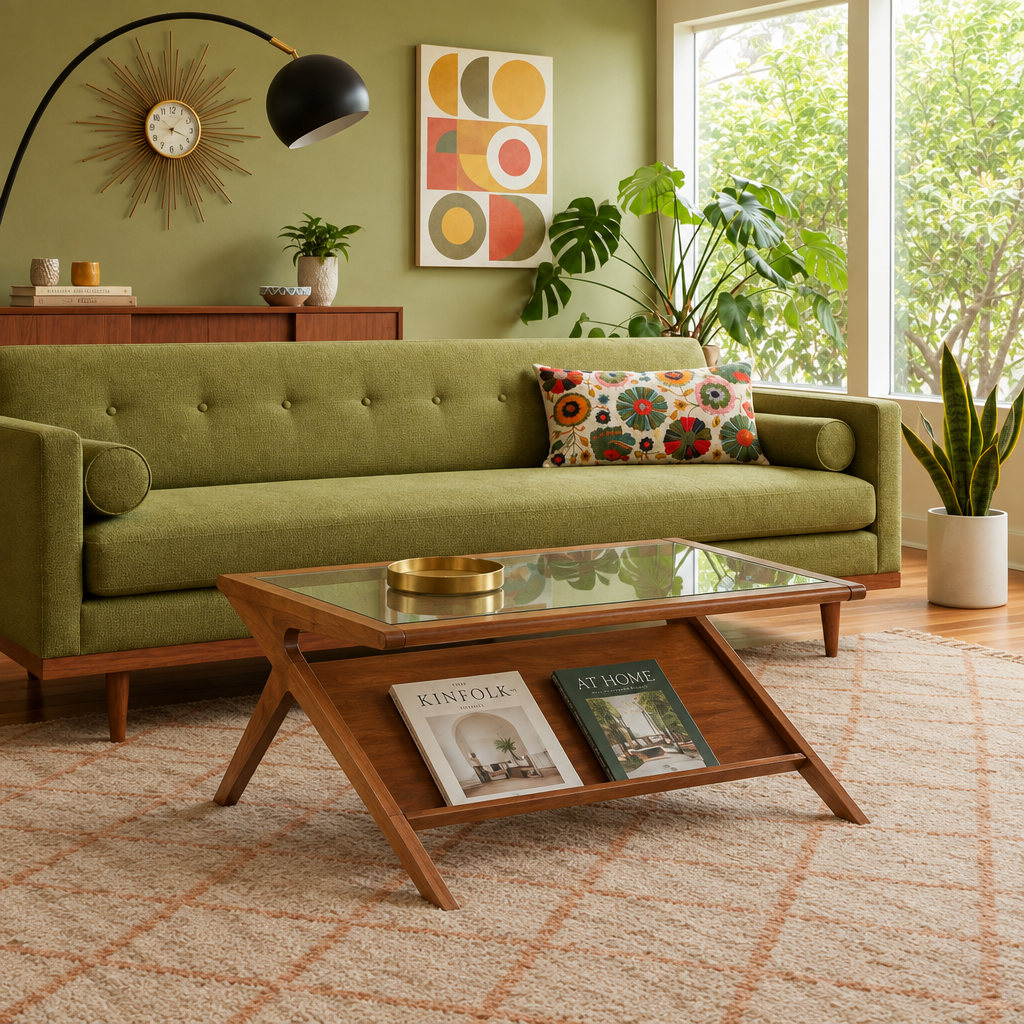 Atomic Orbit Coffee Table with olive sofa