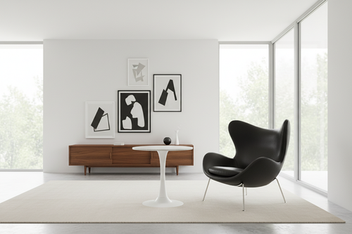 Bianco in a bright mid-century living room with a Womb chair and black-and-white wall art