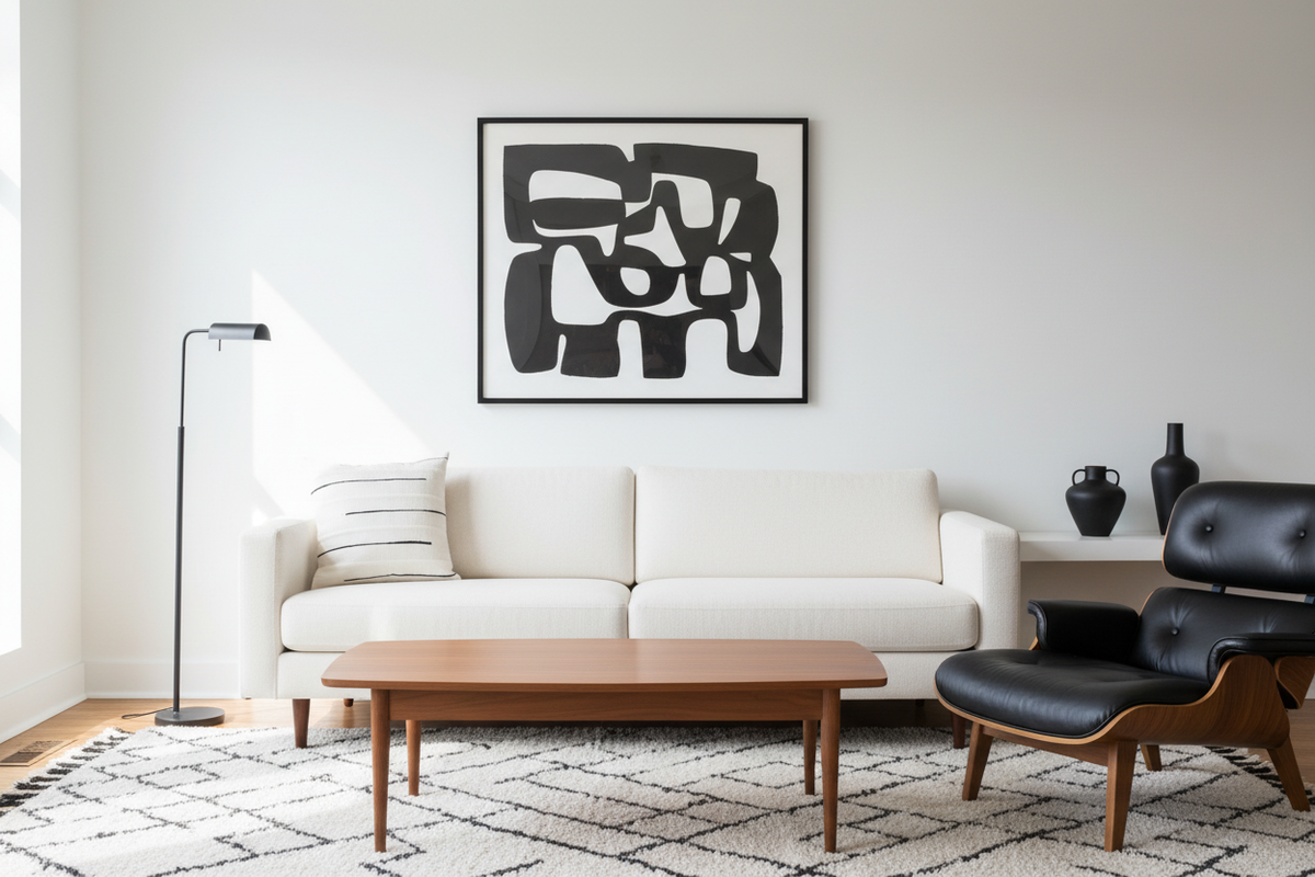 Black-and-white MCM living room with white sofa, black lounge chair, walnut coffee table, and the Crossing Lines pillow