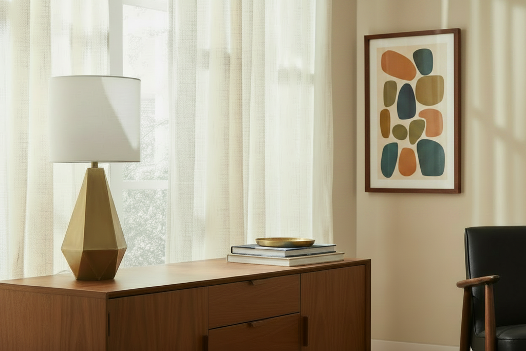 Brass Lamp Credenza with Wall Art