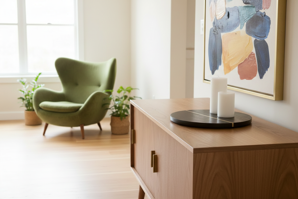 Brass Orbit Tray with Moss Womb Chair