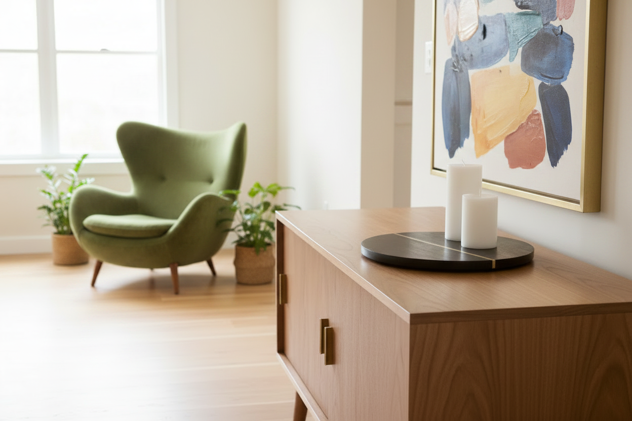 Brass Orbit Tray with Moss Womb Chair