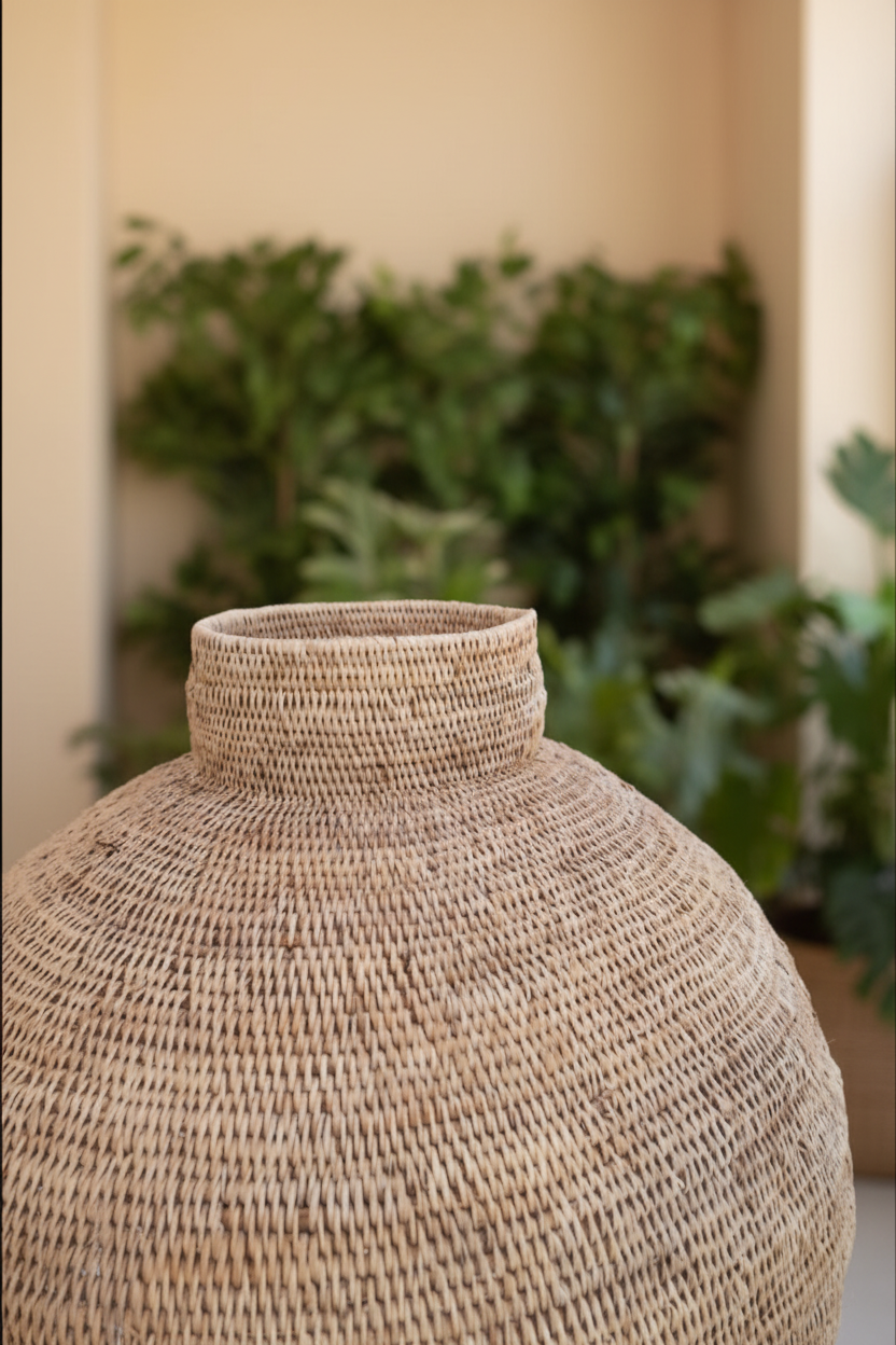 Buhera Cane Vessel close-up with a green-plant background