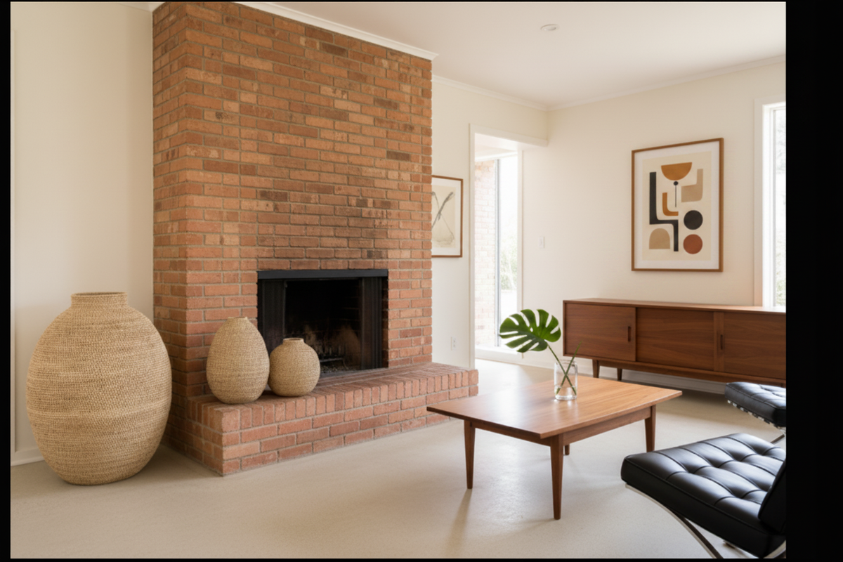 Buhera Cane Vessel trio by a brick fireplace with original MCM wall art