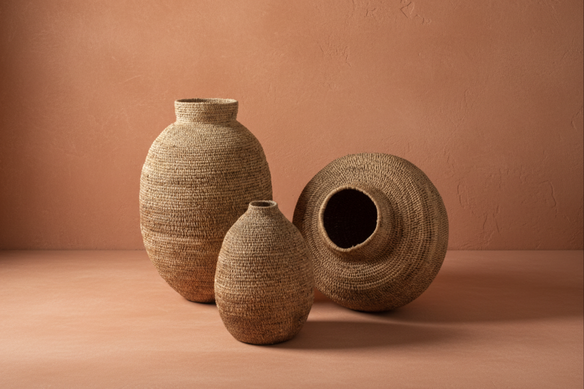 Buhera Cane Vessel trio on a terracotta background