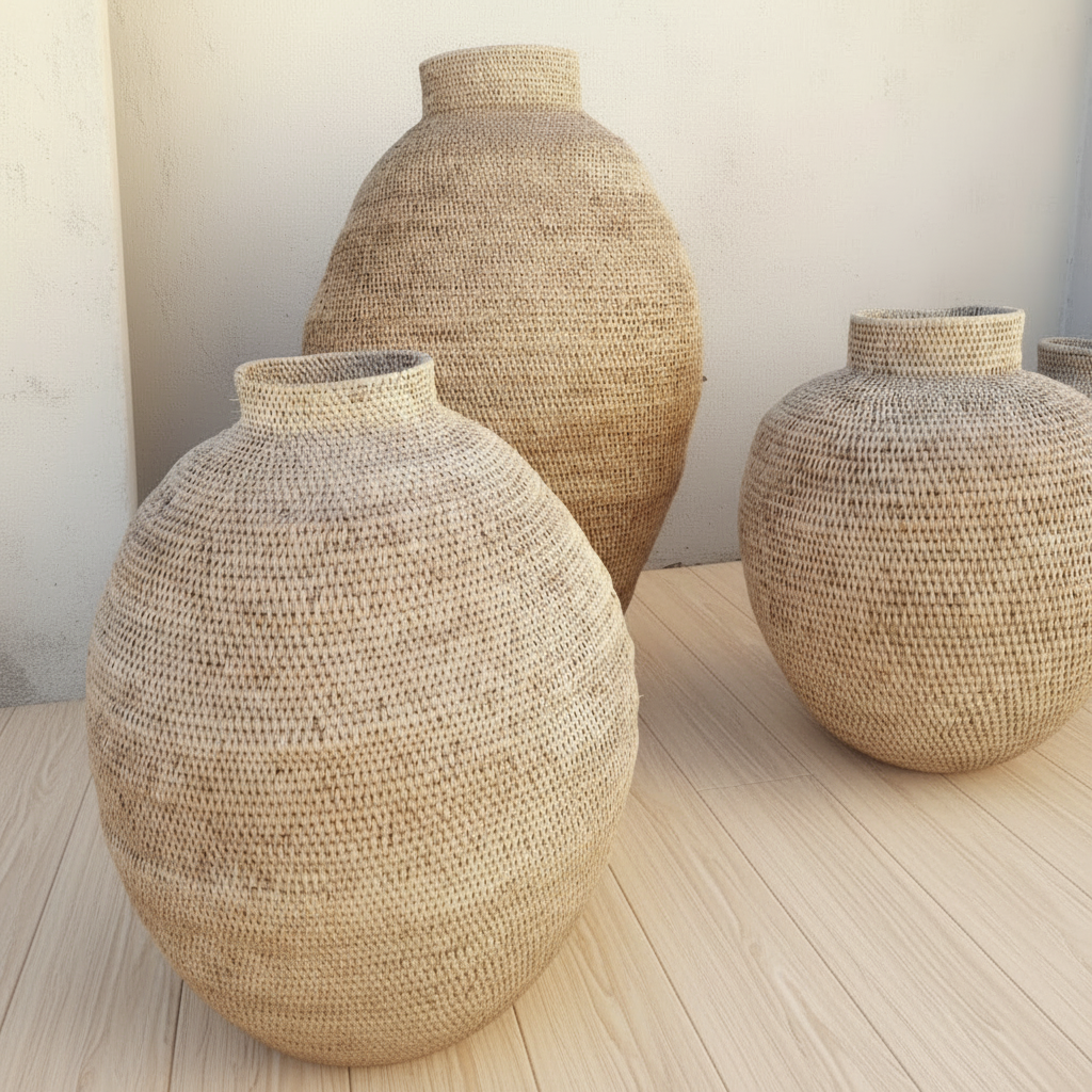 Buhera Cane Vessels on a natural wood floor with a white wall