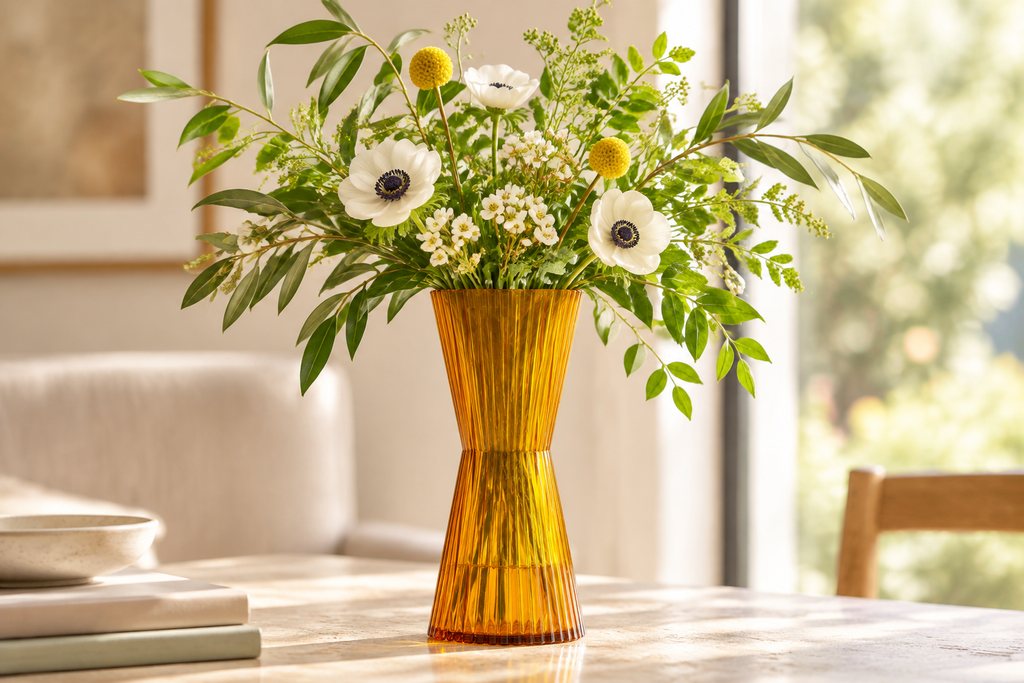 Citron Vessel close-up as a vase with fresh greenery and flowers