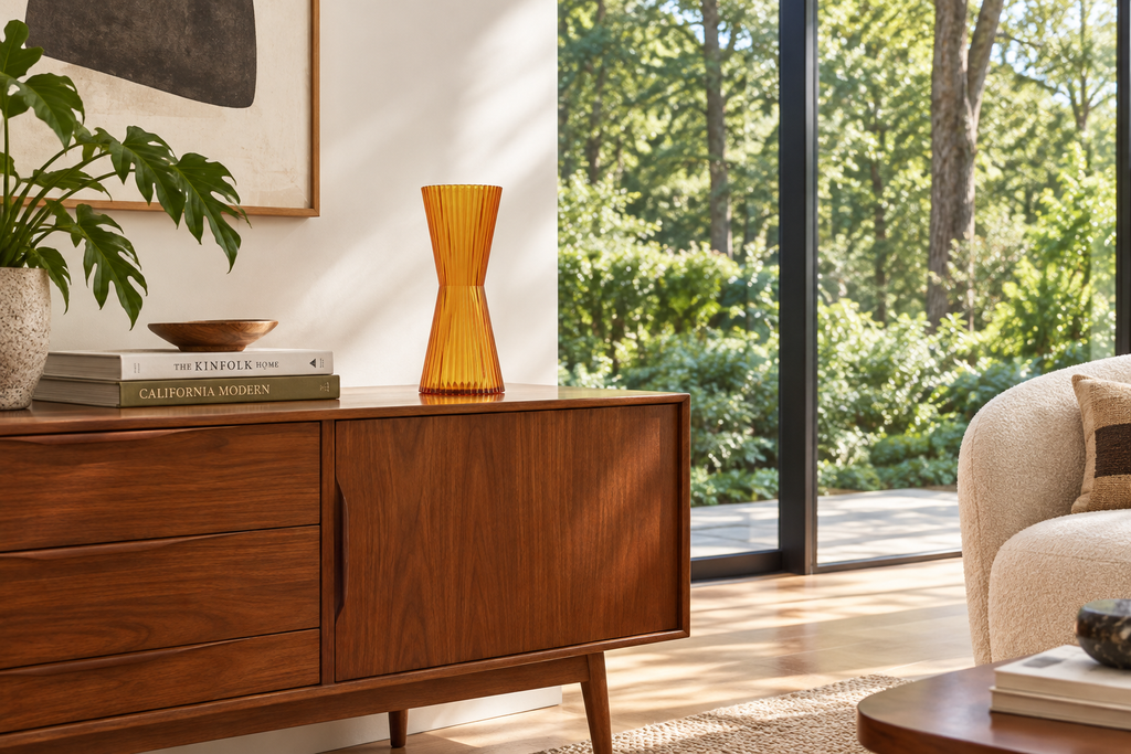 Citron Vessel on a credenza with glass doors opening to a forest/garden view
