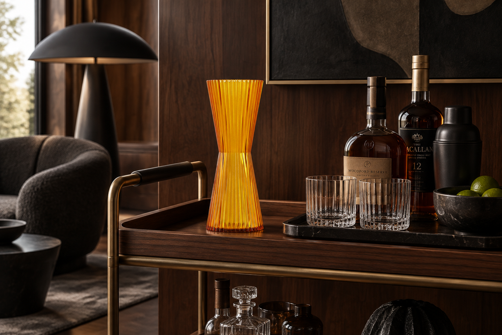 Citron Vessel on the bar cart, scaled to exact 12" dimensions