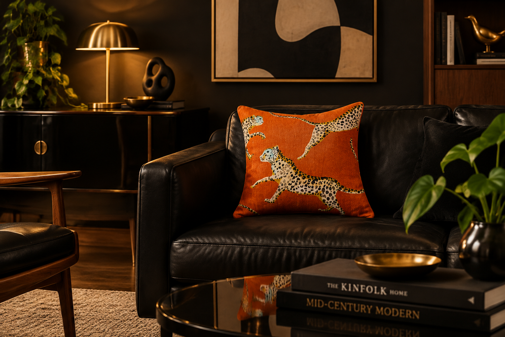 Classy black MCM room with the real pillow photo composited in