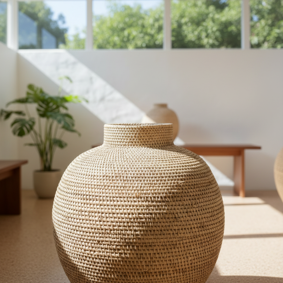 Close-up of one Buhera Cane Vessel in the solarium