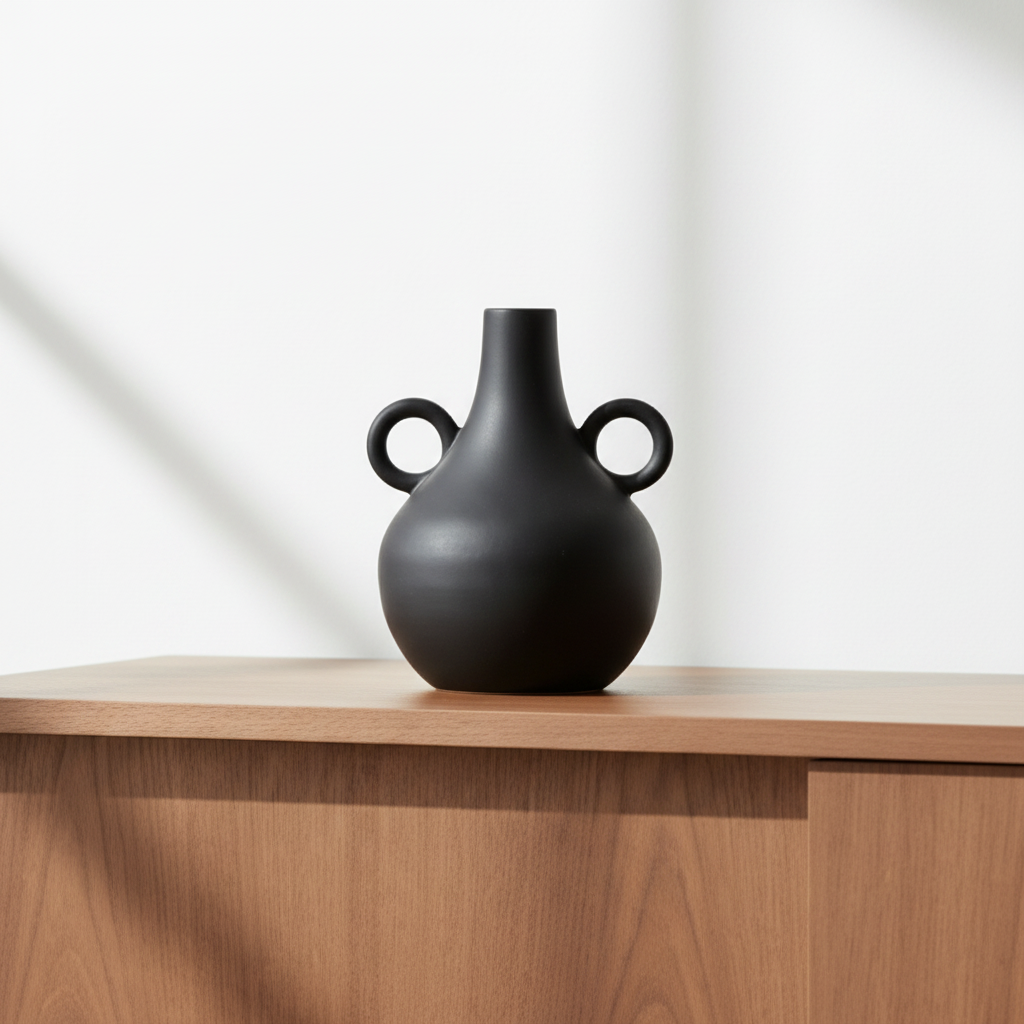 Close-up of the black sculptural vase