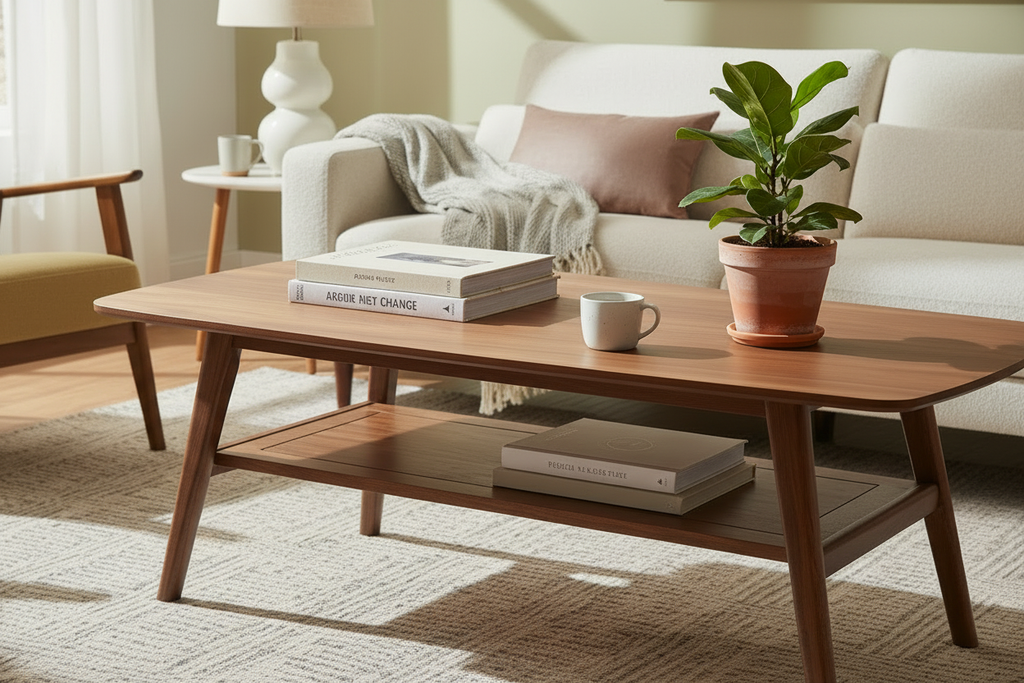 Close-up of the walnut coffee table with books, coffee, and a live plant
