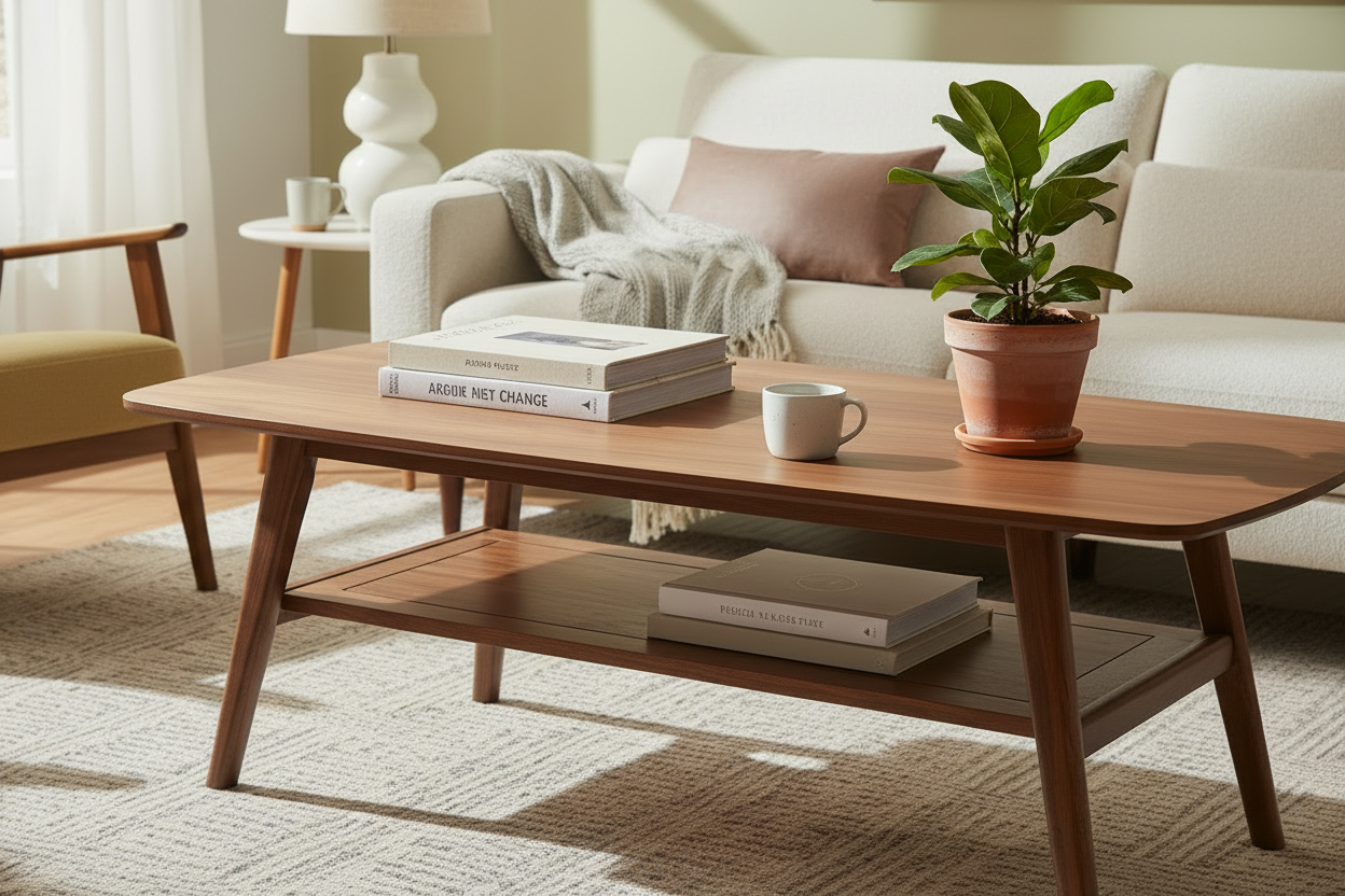 Close-up of the walnut coffee table with books, coffee, and a live plant