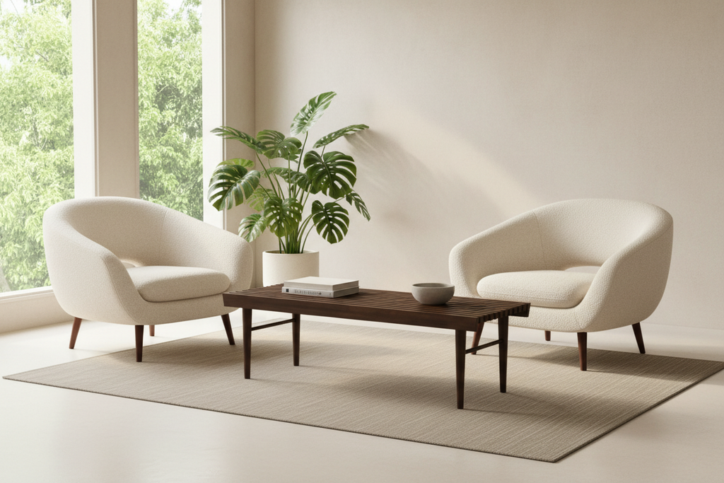 Coda Slatted Coffee Table with authentic Womb chairs
