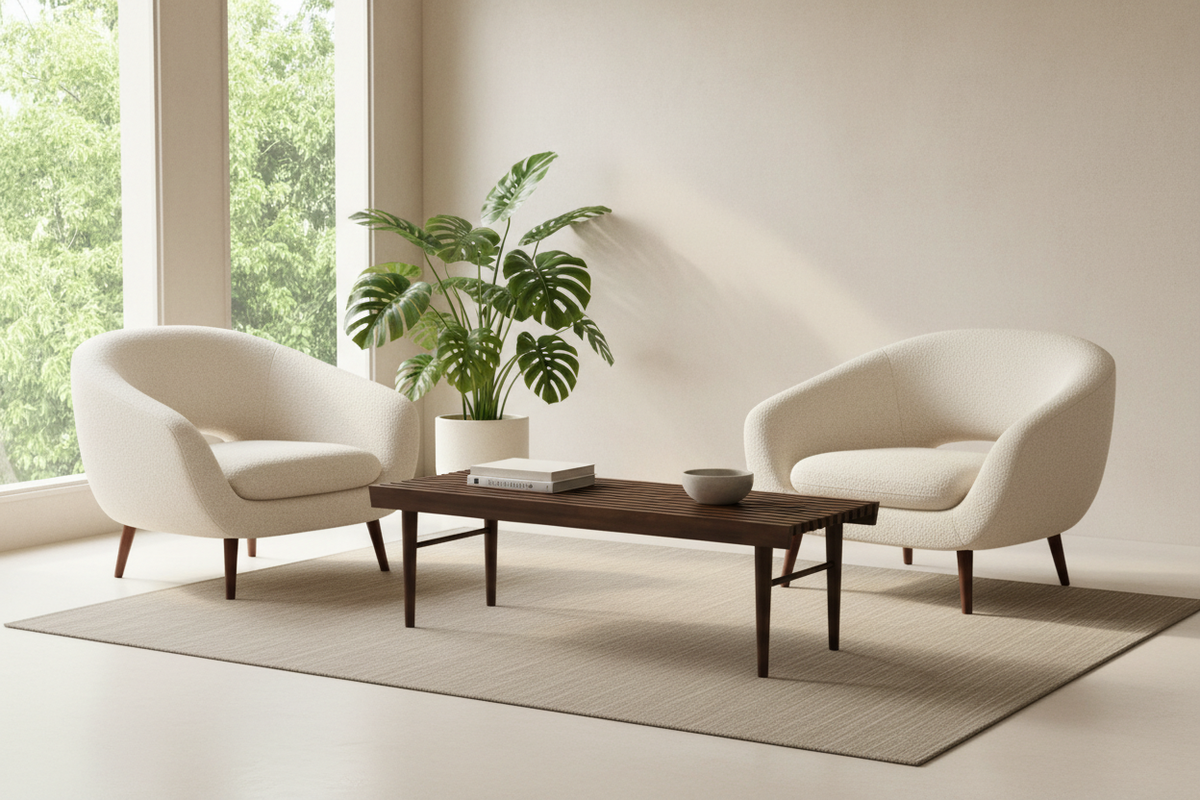 Coda Slatted Coffee Table with authentic Womb chairs