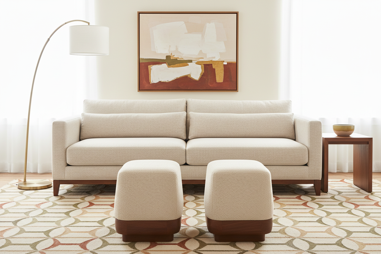 Coordinated pair of ottomans in an MCM living room