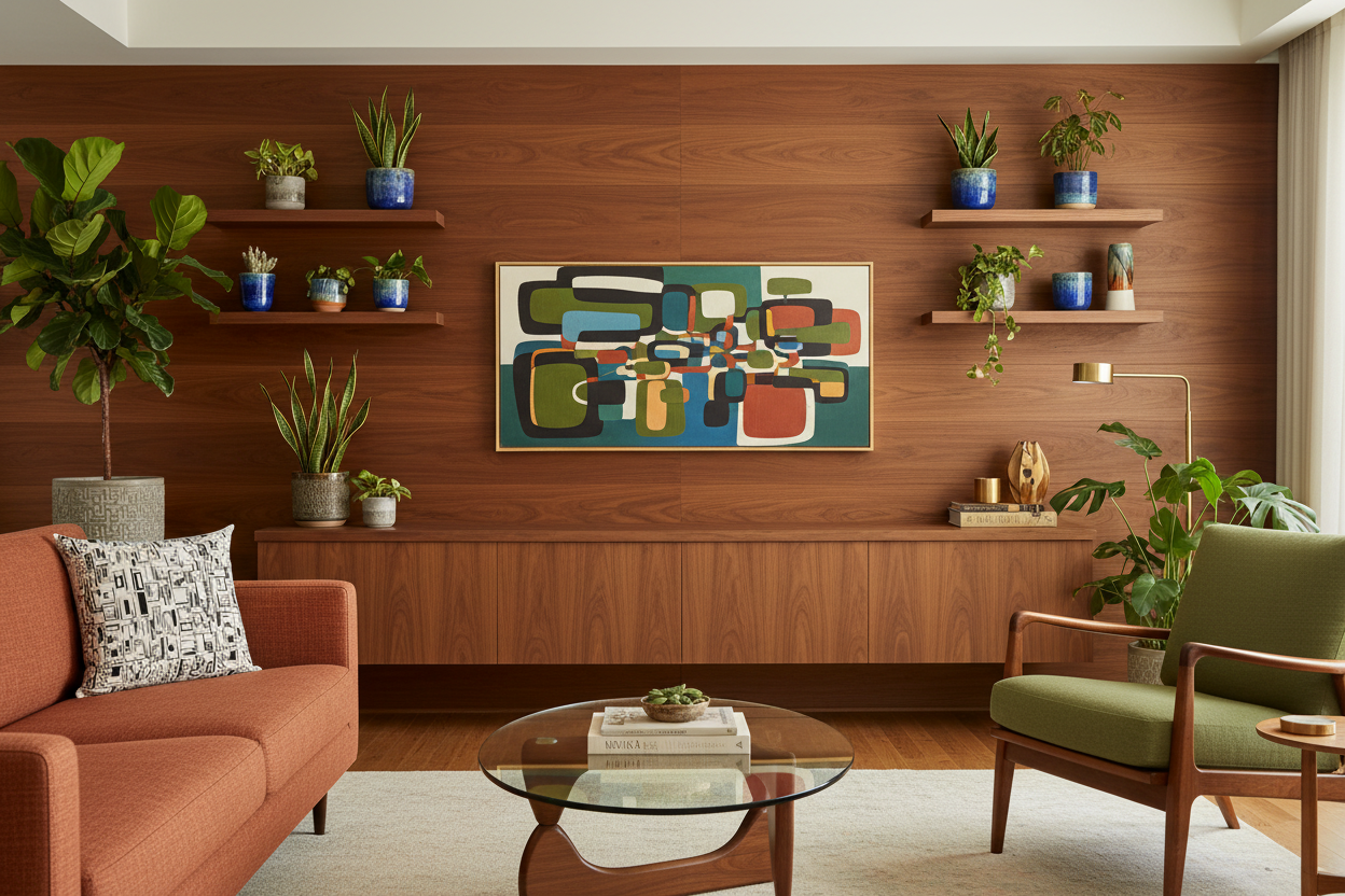 Correct Rubicon pillow in a warm mid-century modern living room