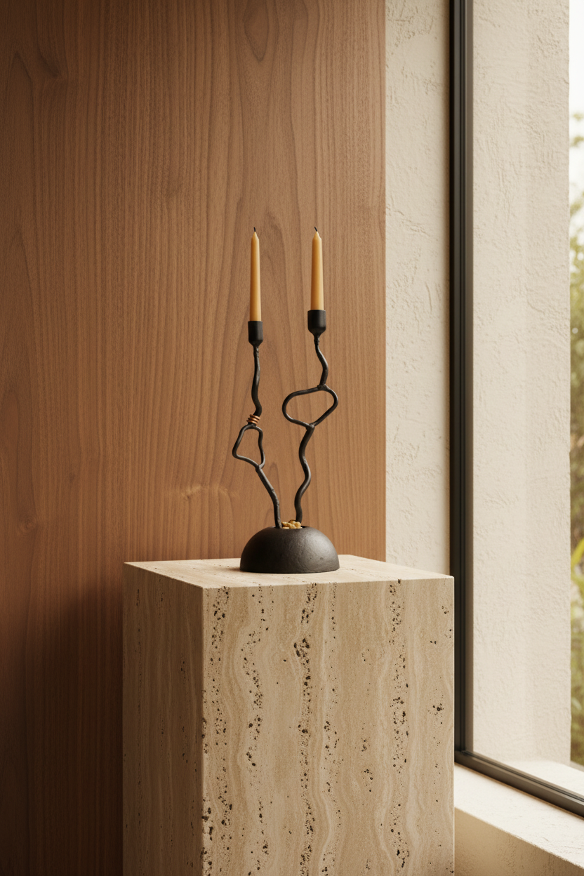 Dreams candle holder on a stone plinth in a warm California-modern interior
