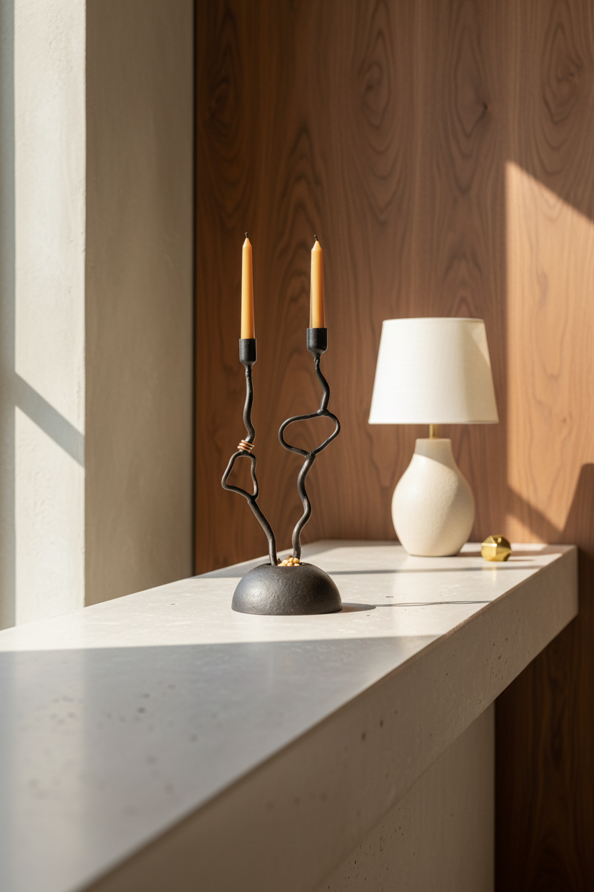 Dreams candle holder on travertine with a walnut architectural backdrop