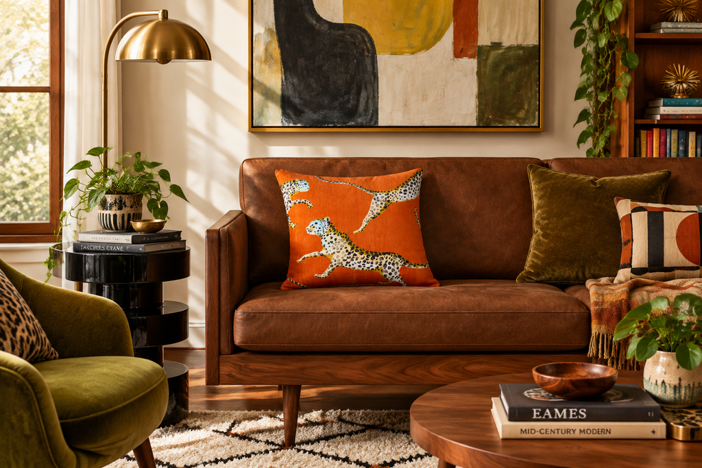 Eclectic MCM room with the real pillow photo composited in