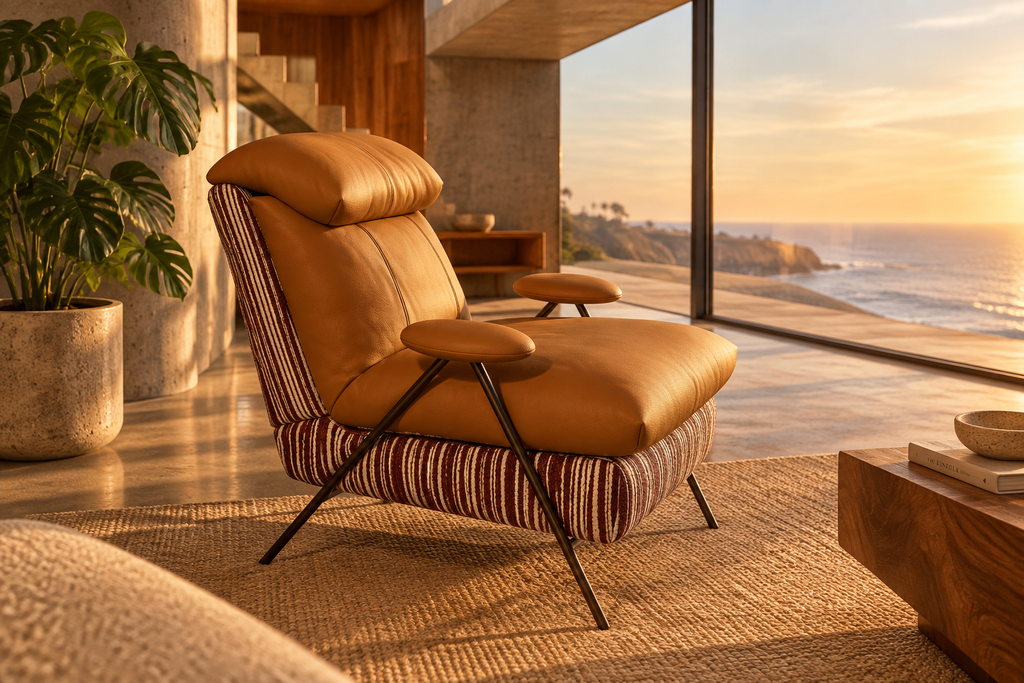 Ember Chenille Lounge Chair in Cinematic Warm Modernism room, corrected chair reference
