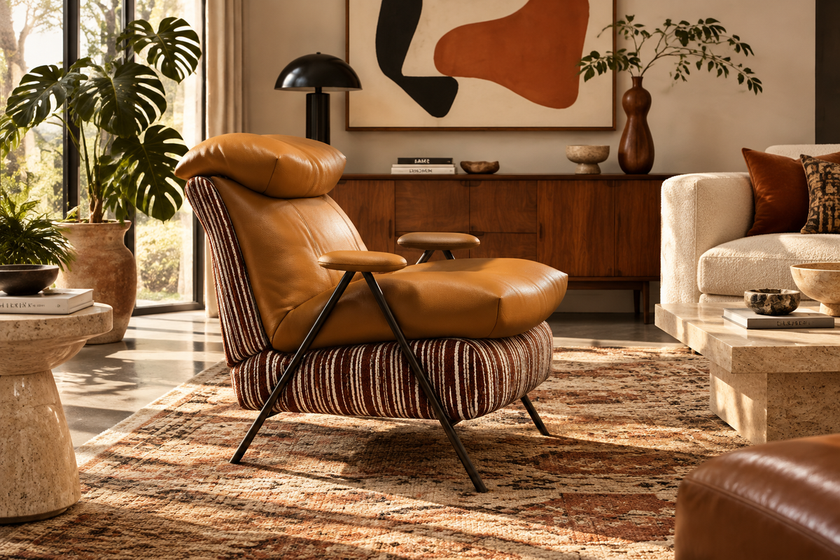 Ember Chenille Lounge Chair in Collected California Modern room