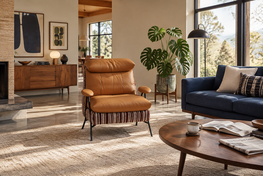 Ember Chenille Lounge Chair in spacious, properly scaled MCM living room