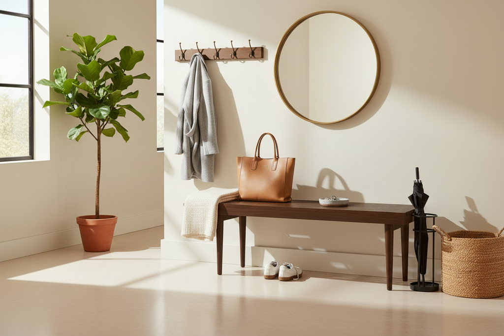 Expanded entryway drop zone with Coda Slatted Coffee Table bench