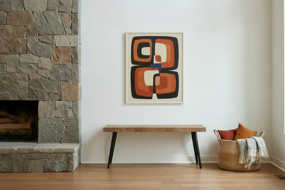 Forge Bench with black and orange abstract artwork