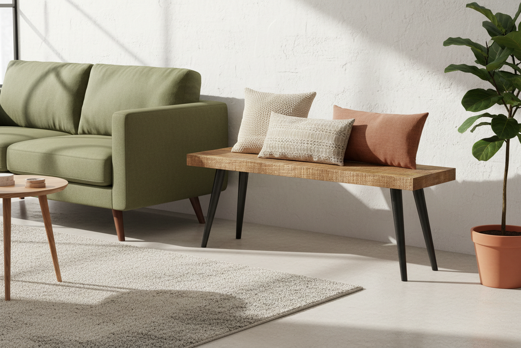 Forge Bench with pillows in a Mid-Century Modern living room