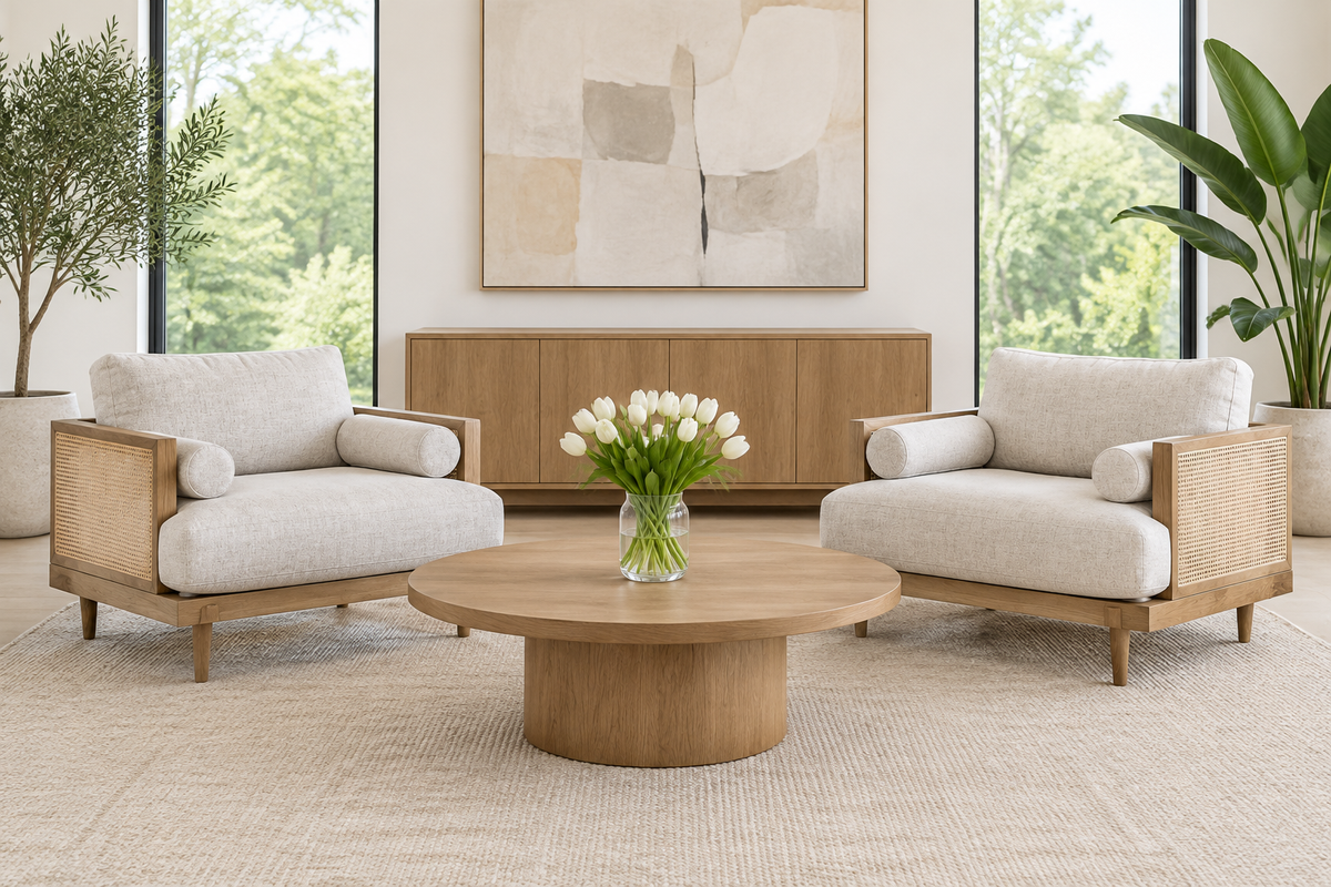 Fresh California living room generation with two Sophia chairs, clean furniture textures, and white tulips on the coffee table