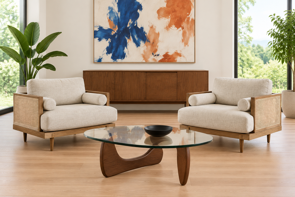 Fresh Sophia living-room image with a glass coffee table, black bowl, expressive art, and light oak floor