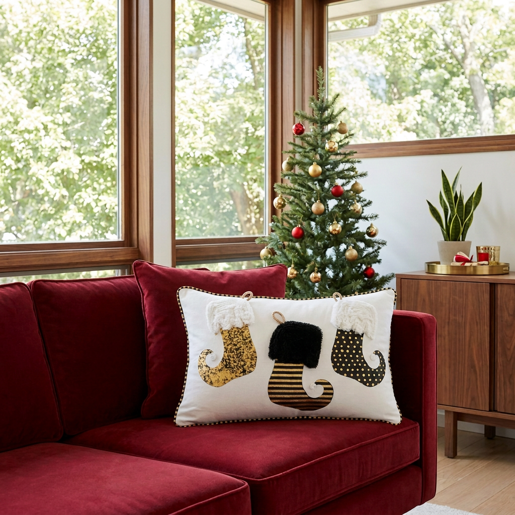Gold-and-red Mid-Century Modern living room with the lamp removed