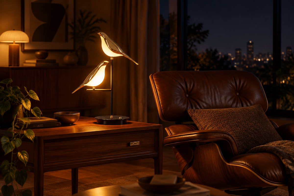 Goldie Birds Table Lamp glowing on an end table in a night-time Mid-Century Modern living room