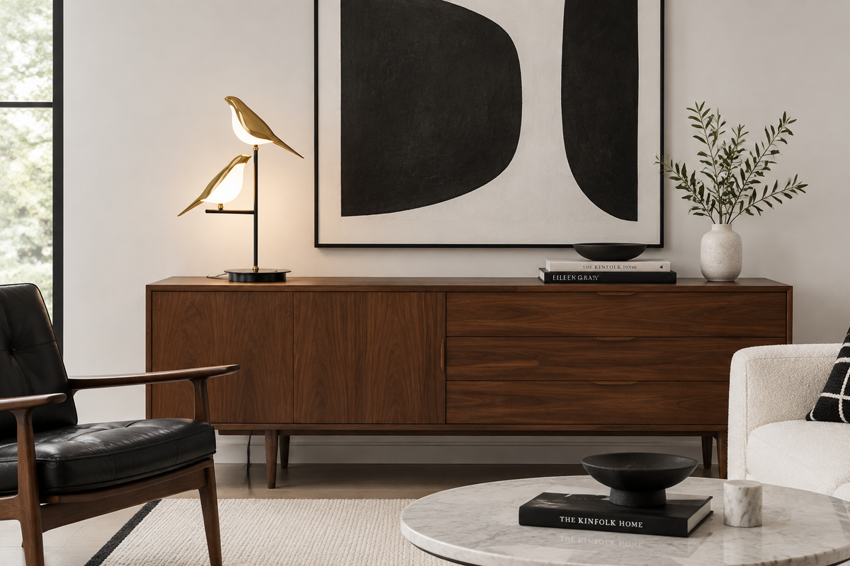 Goldie Birds Table Lamp on a credenza in a minimal black-and-white Mid-Century Modern room