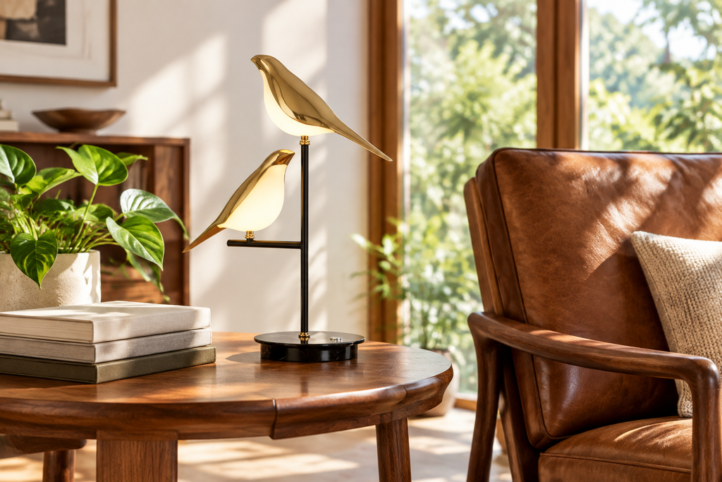 Goldie Birds Table Lamp on a side table in a sunny Mid-Century Modern study, with plain unlabeled books