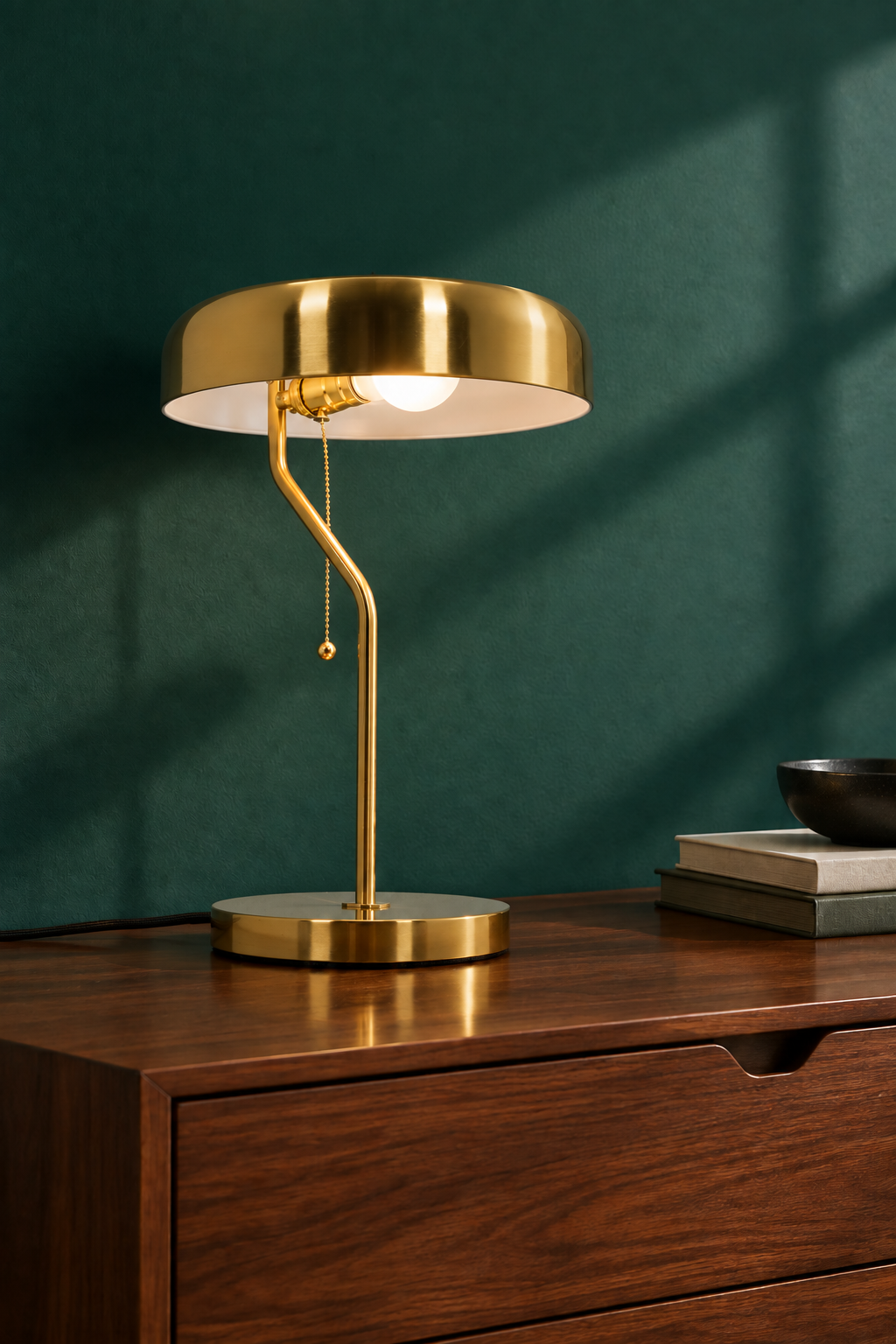 Green-wall credenza scene being edited with the original Hollis Lamp