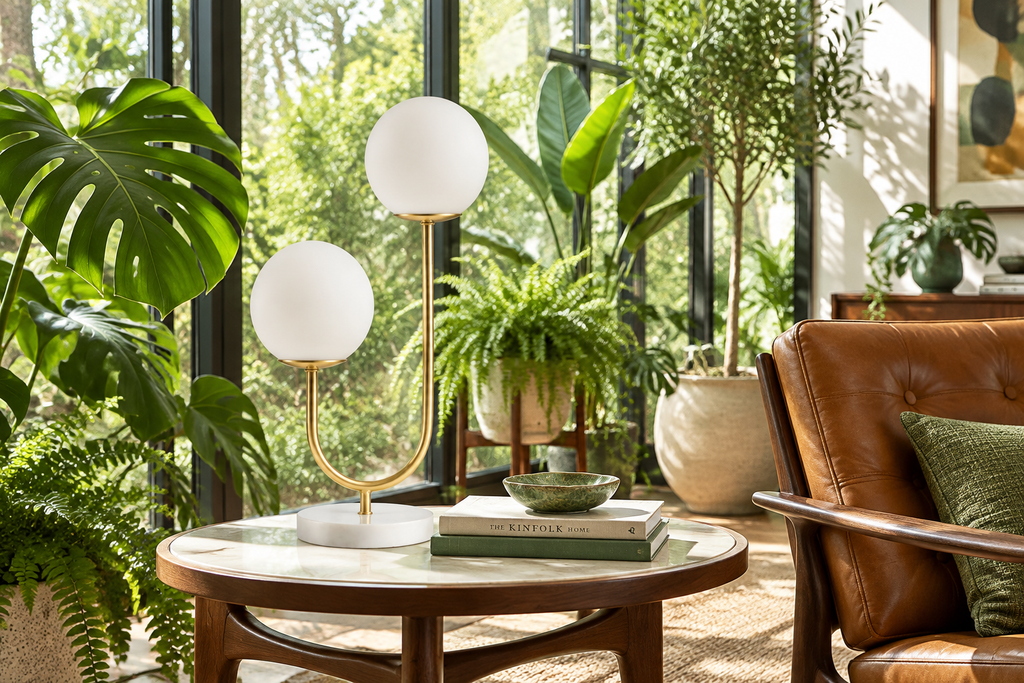 Halo Doppio lamp in a bright conservatory with lots of plants